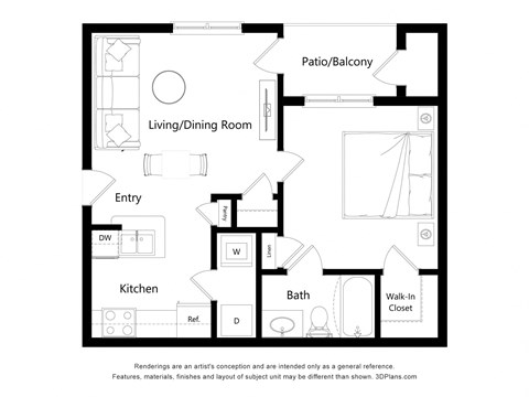 A black and white floor plan of a house with a living room, kitchen, bath, and closet.